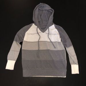 Lightweight knit gray and white color block stripe hoodie small
